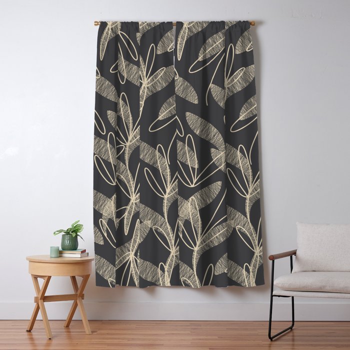 Mid Century Modern Botanical Pattern in Beige and Charcoal Gray Window Curtain Gallery Image 1