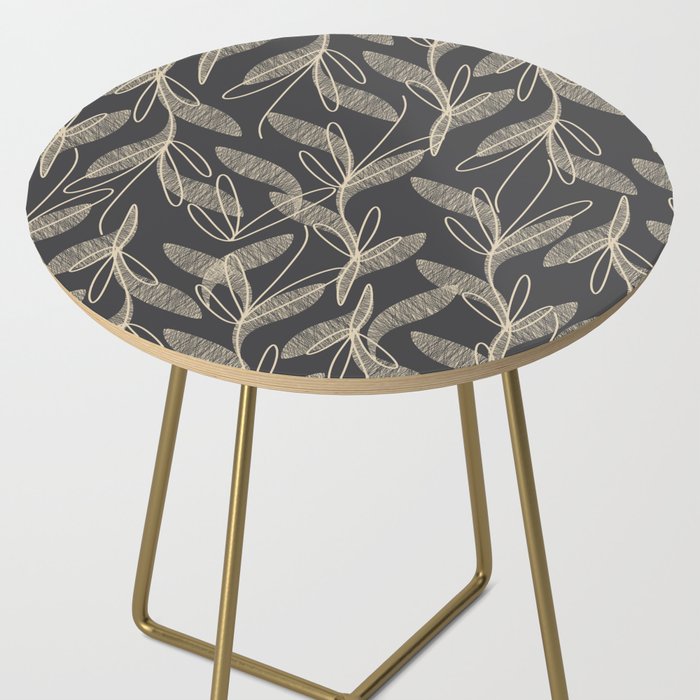 Mid Century Modern Botanical Pattern in Beige and Charcoal Gray Side Table Gallery Image 2