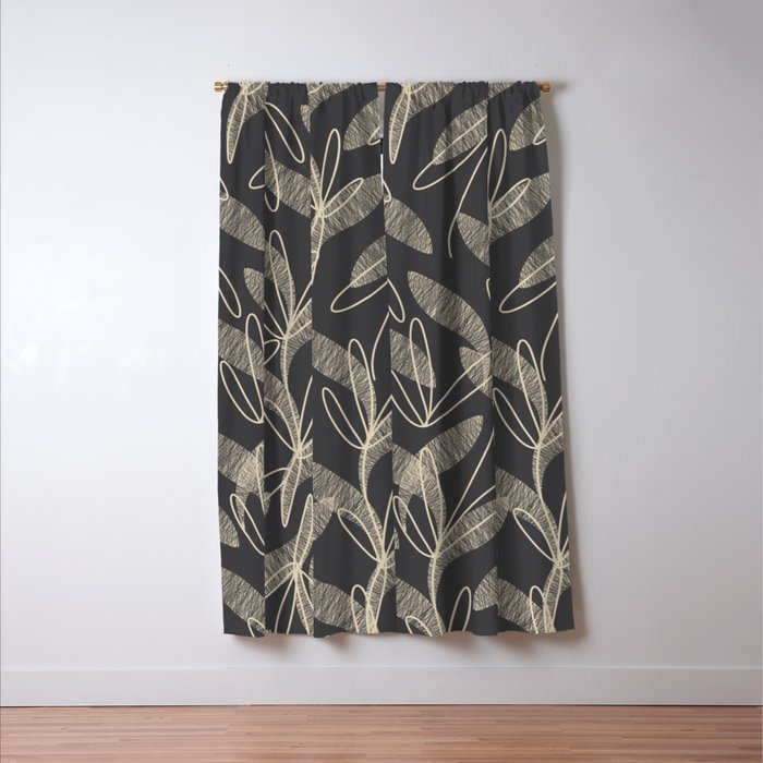 Mid Century Modern Botanical Pattern in Beige and Charcoal Gray Window Curtain Gallery Image 3