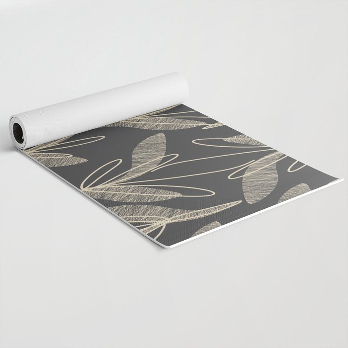 Mid Century Modern Botanical Pattern in Beige and Charcoal Gray Yoga Mat Gallery Image 2