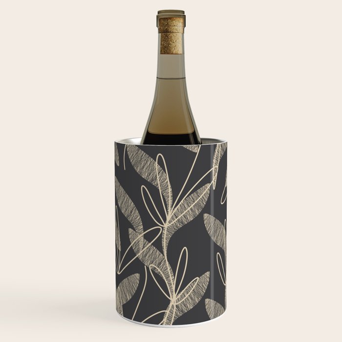 Mid Century Modern Botanical Pattern in Beige and Charcoal Gray Wine Chiller Gallery Image 1