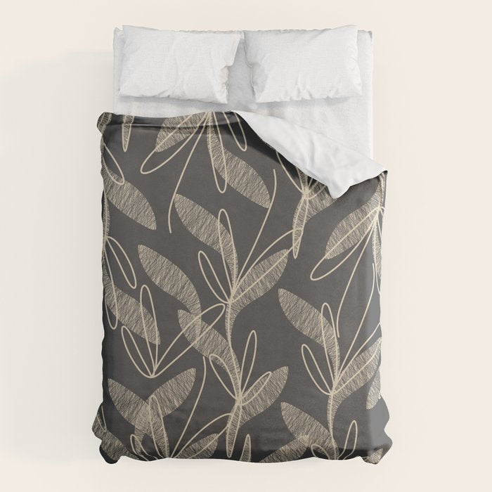 Mid Century Modern Botanical Pattern in Beige and Charcoal Gray Duvet Cover Gallery Image 1