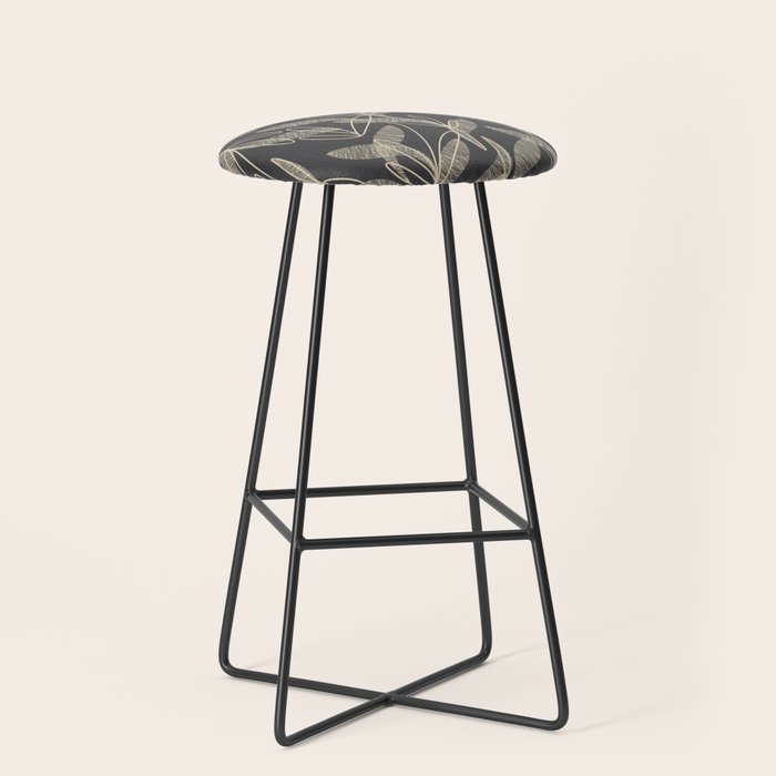 Mid Century Modern Botanical Pattern in Beige and Charcoal Gray Stool Gallery Image 1