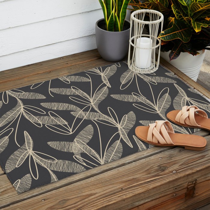 Mid Century Modern Botanical Pattern in Beige and Charcoal Gray Outdoor Rug Gallery Image 2