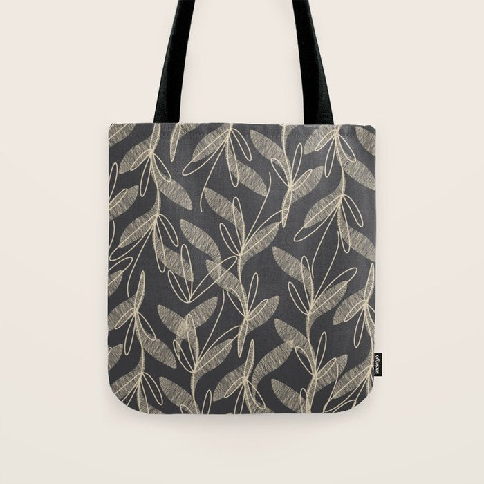 Mid Century Modern Botanical Pattern in Beige and Charcoal Gray Tote Bag Gallery Image 1