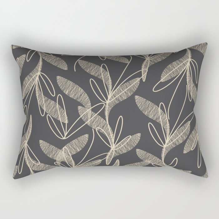 Mid Century Modern Botanical Pattern in Beige and Charcoal Gray Rectangular Pillow Gallery Image 1