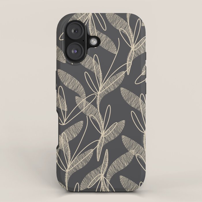 Mid Century Modern Botanical Pattern in Beige and Charcoal Gray iPhone Case Gallery Image 1