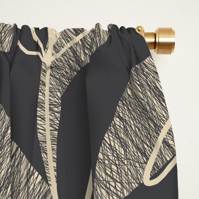 Mid Century Modern Botanical Pattern in Beige and Charcoal Gray Window Curtain Gallery Image 2