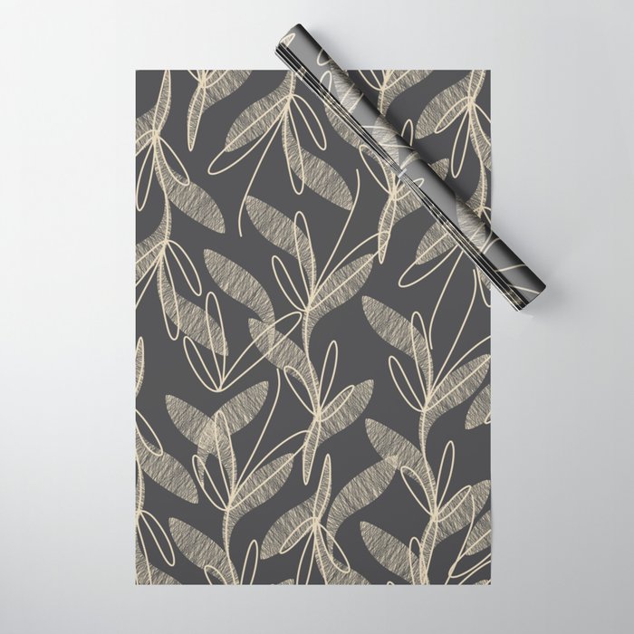 Mid Century Modern Botanical Pattern in Beige and Charcoal Gray Wrapping Paper Gallery Image 1