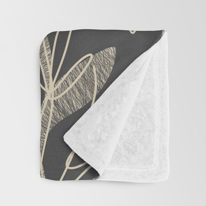 Mid Century Modern Botanical Pattern in Beige and Charcoal Gray Throw Blanket Gallery Image 3