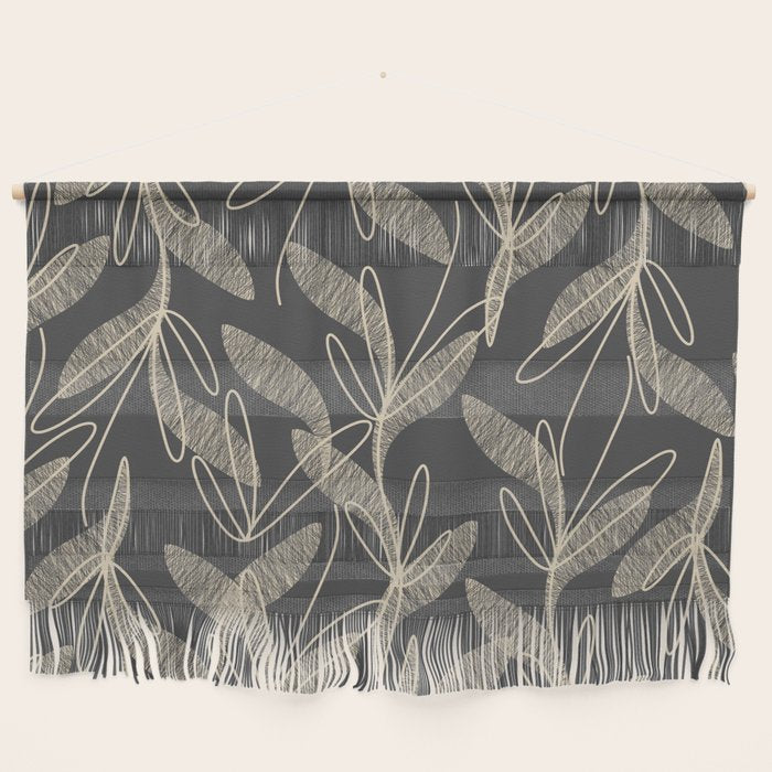 Mid Century Modern Botanical Pattern in Beige and Charcoal Gray Wall Hanging Gallery Image 1