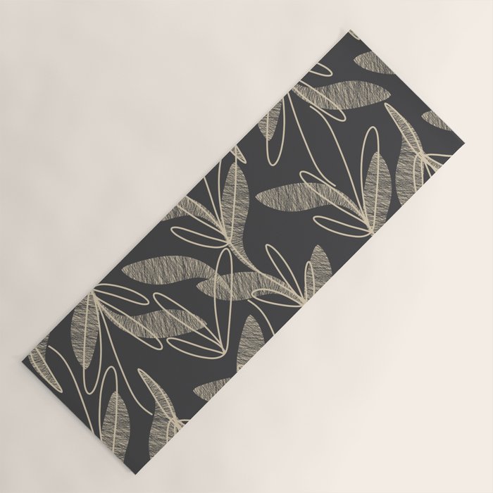 Mid Century Modern Botanical Pattern in Beige and Charcoal Gray Yoga Mat Gallery Image 1