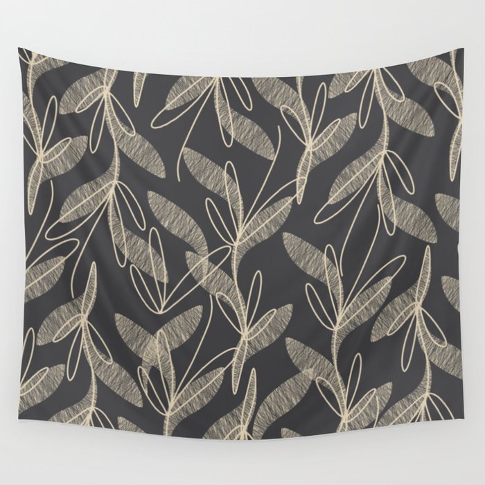 Mid Century Modern Botanical Pattern in Beige and Charcoal Gray Wall Tapestry Gallery Image 4