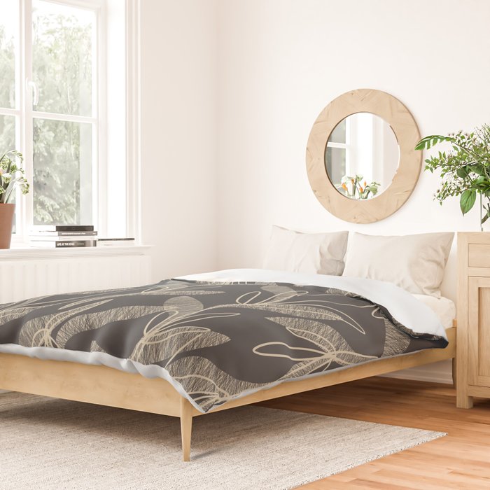 Mid Century Modern Botanical Pattern in Beige and Charcoal Gray Duvet Cover Gallery Image 2