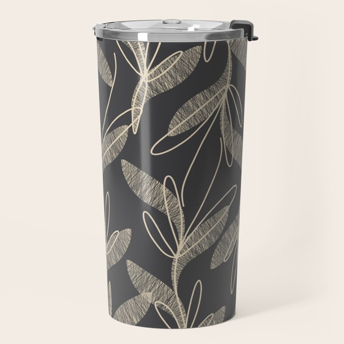 Mid Century Modern Botanical Pattern in Beige and Charcoal Gray Travel Mug Gallery Image 2