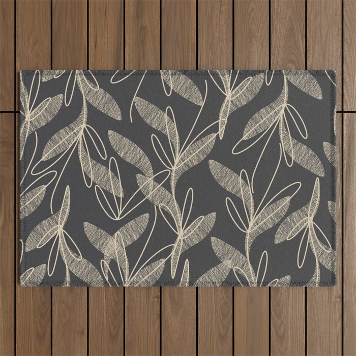 Mid Century Modern Botanical Pattern in Beige and Charcoal Gray Outdoor Rug Gallery Image 1