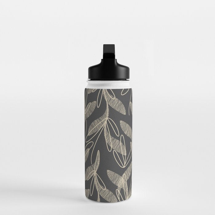 Mid Century Modern Botanical Pattern in Beige and Charcoal Gray Water Bottle Gallery Image 3