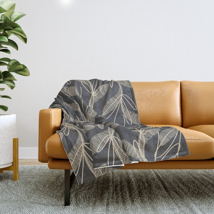 Mid Century Modern Botanical Pattern in Beige and Charcoal Gray Throw Blanket Gallery Image 1