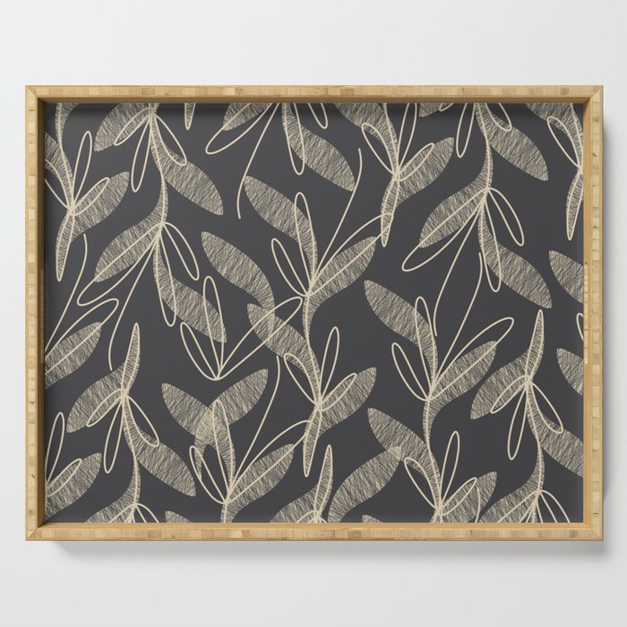 Mid Century Modern Botanical Pattern in Beige and Charcoal Gray Serving Tray Gallery Image 1