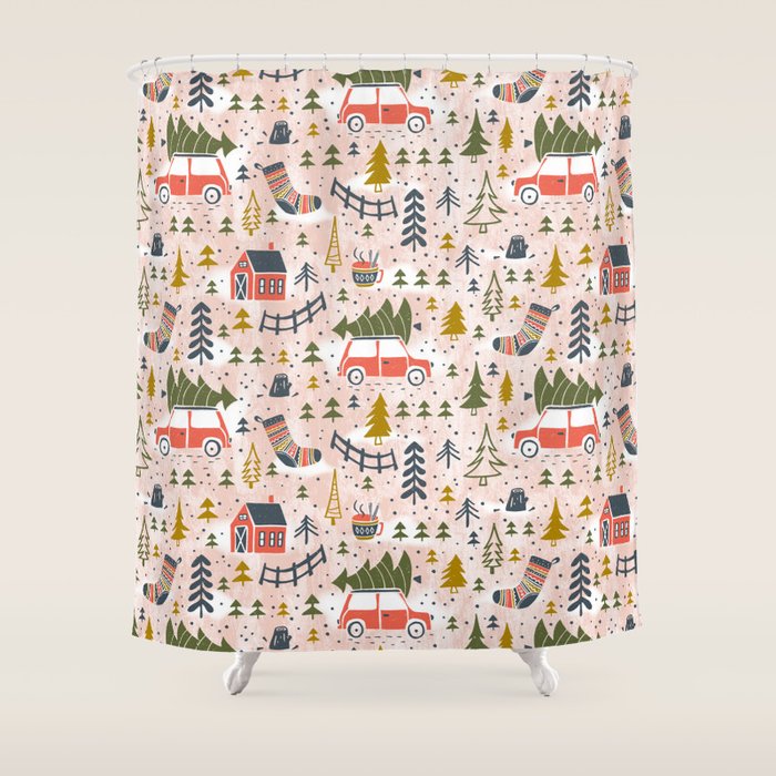 Home For The Holidays Blush Pink Christmas Shower Curtain Gallery Image 1