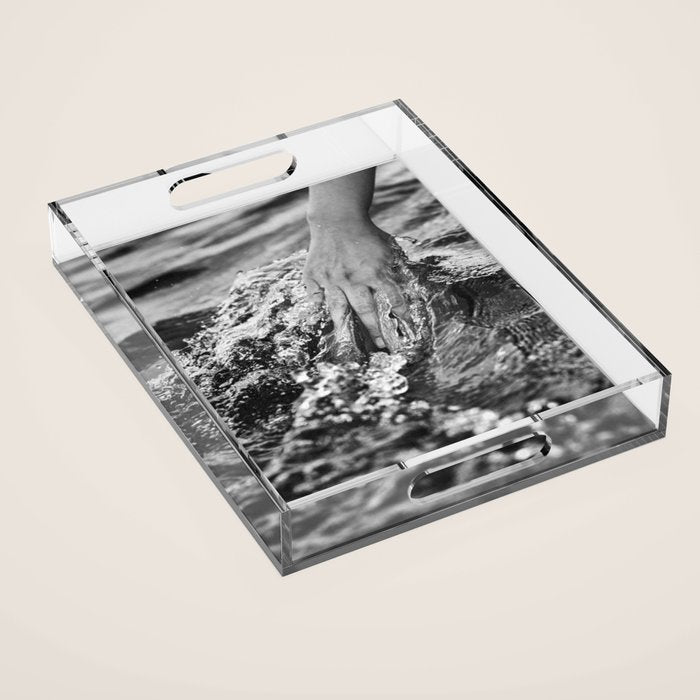 Running hand through the water, under the blue again black and white photograph / art photography Acrylic Tray Gallery Image 1