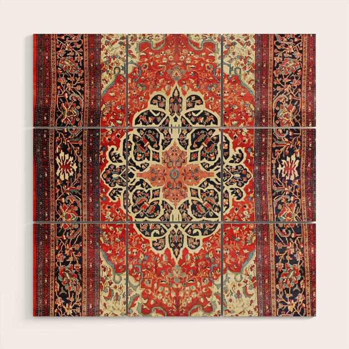  Red Gold Medallion Tabriz Rug Print Wood Wall Art Gallery Image 1