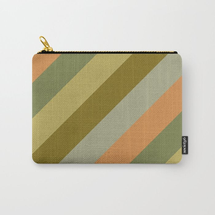 Retro Diagonal Stripes in Vintage Olive Green and Cantaloupe Orange Carry All Pouch Gallery Image 1