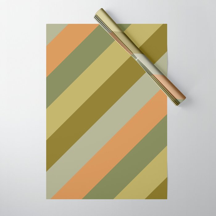 Retro Diagonal Stripes in Vintage Olive Green and Cantaloupe Orange Wrapping Paper Gallery Image 1