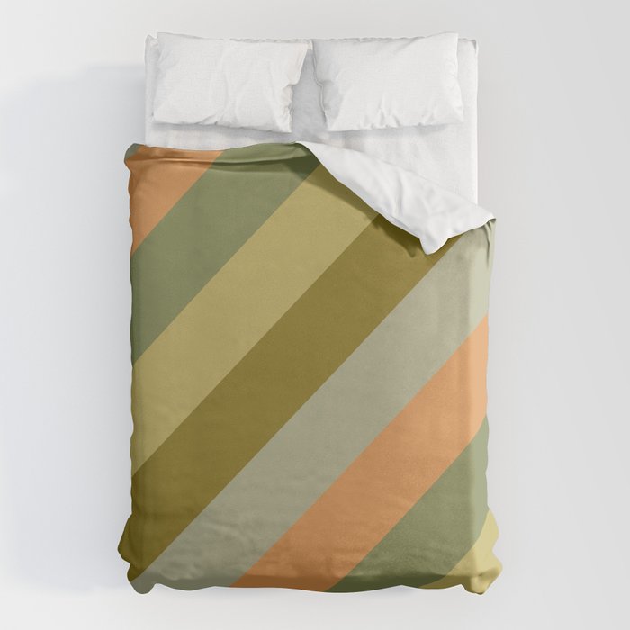Retro Diagonal Stripes in Vintage Olive Green and Cantaloupe Orange Duvet Cover Gallery Image 6