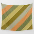 Retro Diagonal Stripes in Vintage Olive Green and Cantaloupe Orange Wall Tapestry Gallery Image 4