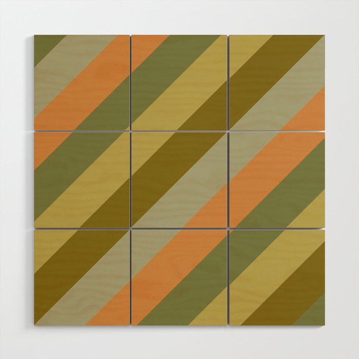 Retro Diagonal Stripes in Vintage Olive Green and Cantaloupe Orange Wood Wall Art Gallery Image 1