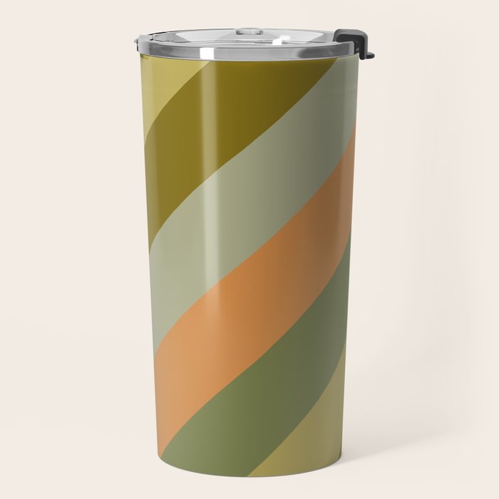 Retro Diagonal Stripes in Vintage Olive Green and Cantaloupe Orange Travel Mug Gallery Image 2