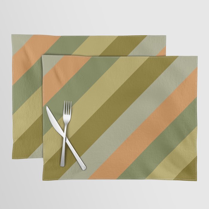 Retro Diagonal Stripes in Vintage Olive Green and Cantaloupe Orange Placemat Gallery Image 1