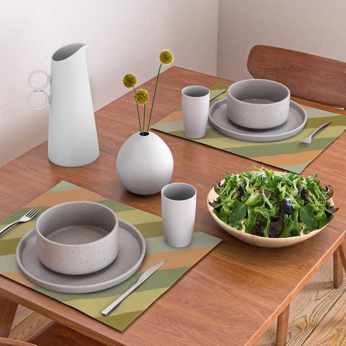 Retro Diagonal Stripes in Vintage Olive Green and Cantaloupe Orange Placemat Gallery Image 2
