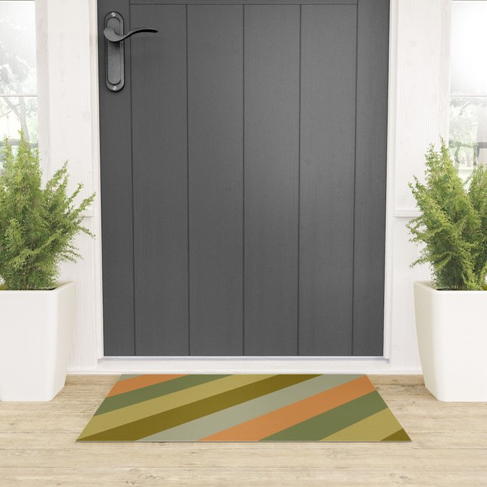 Retro Diagonal Stripes in Vintage Olive Green and Cantaloupe Orange Welcome Mat Gallery Image 3
