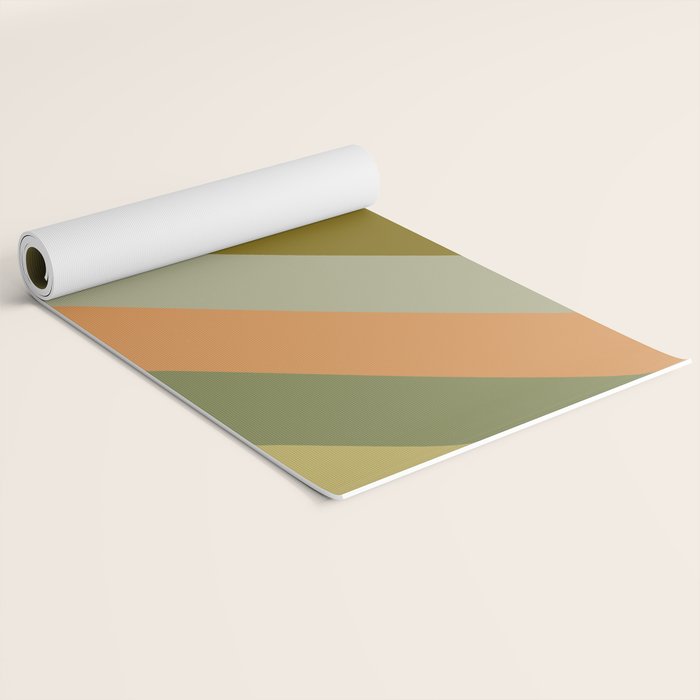 Retro Diagonal Stripes in Vintage Olive Green and Cantaloupe Orange Yoga Mat Gallery Image 2