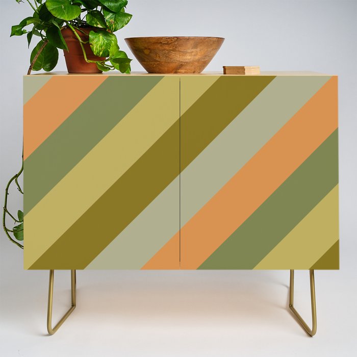 Retro Diagonal Stripes in Vintage Olive Green and Cantaloupe Orange Credenza Gallery Image 1