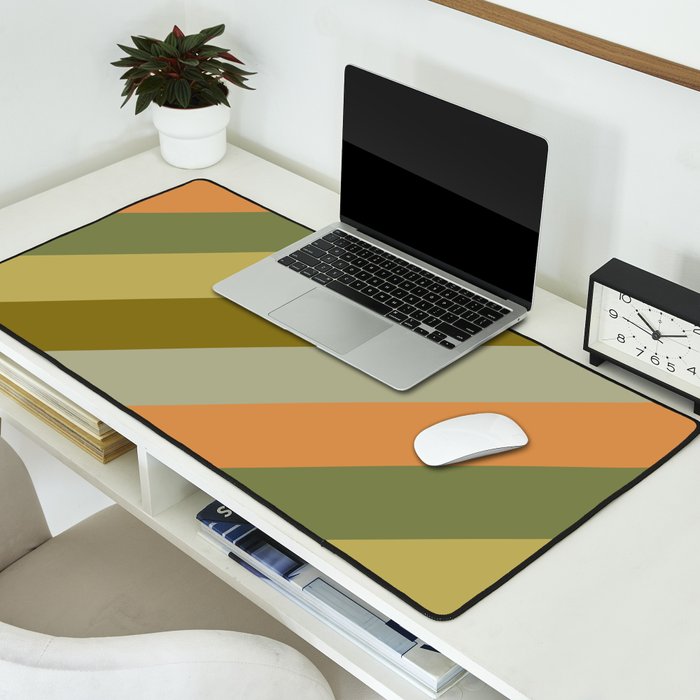 Retro Diagonal Stripes in Vintage Olive Green and Cantaloupe Orange Desk Mat Gallery Image 2