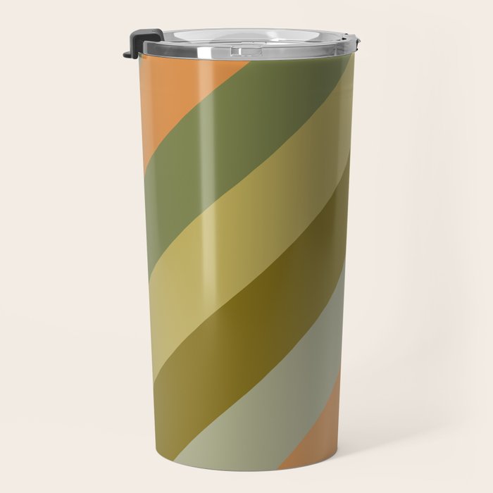 Retro Diagonal Stripes in Vintage Olive Green and Cantaloupe Orange Travel Mug Gallery Image 3