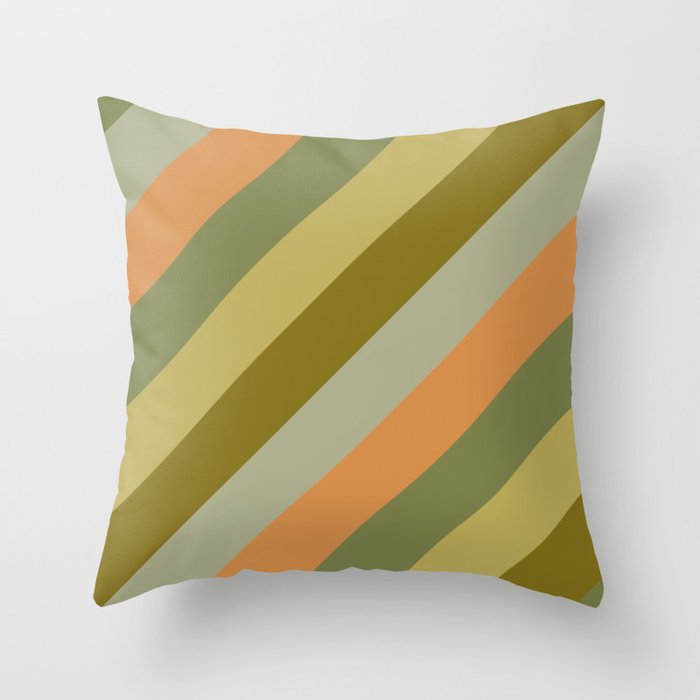 Retro Diagonal Stripes in Vintage Olive Green and Cantaloupe Orange Throw Pillow Gallery Image 1