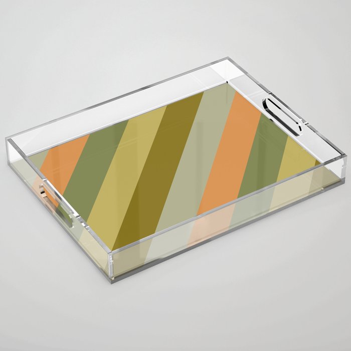Retro Diagonal Stripes in Vintage Olive Green and Cantaloupe Orange Acrylic Tray Gallery Image 1