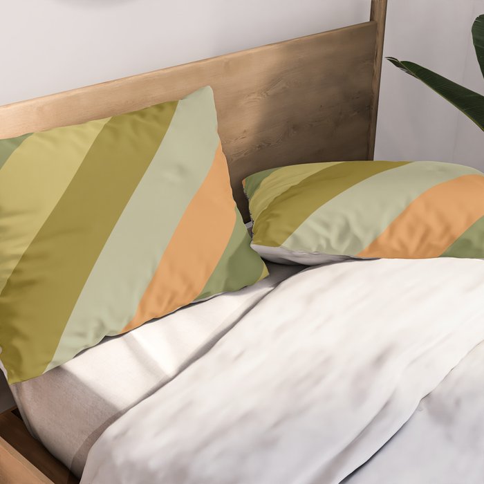 Retro Diagonal Stripes in Vintage Olive Green and Cantaloupe Orange Pillow Sham Gallery Image 2