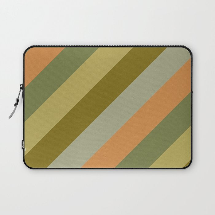 Retro Diagonal Stripes in Vintage Olive Green and Cantaloupe Orange Laptop Sleeve Gallery Image 1