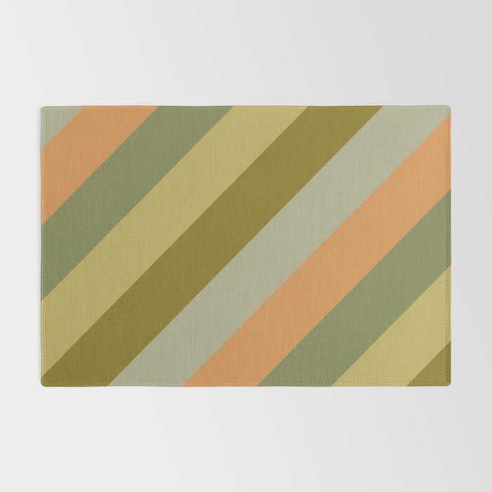 Retro Diagonal Stripes in Vintage Olive Green and Cantaloupe Orange Rug Gallery Image 2