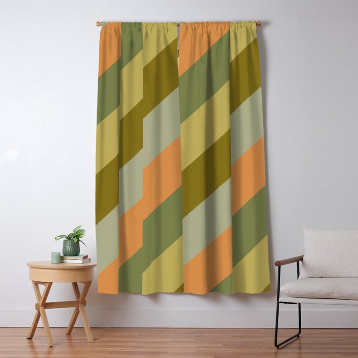 Retro Diagonal Stripes in Vintage Olive Green and Cantaloupe Orange Window Curtain Gallery Image 5