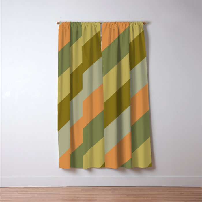 Retro Diagonal Stripes in Vintage Olive Green and Cantaloupe Orange Window Curtain Gallery Image 3