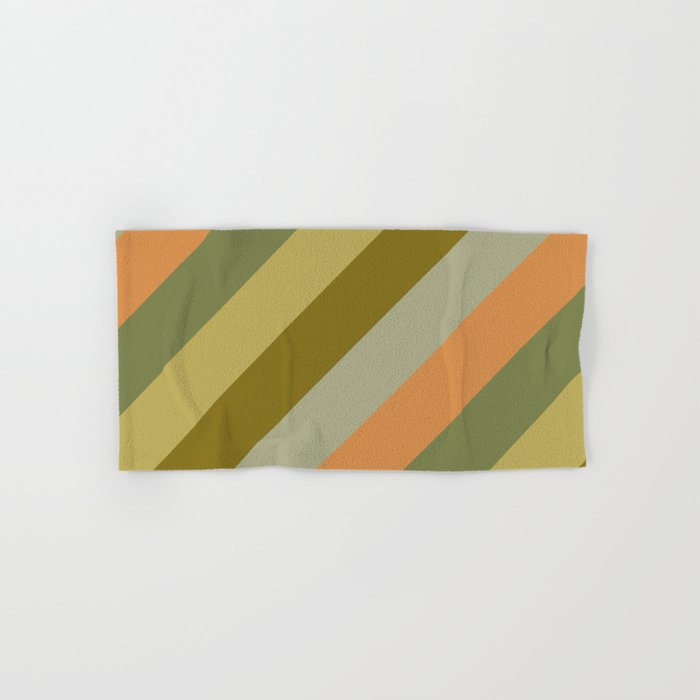 Retro Diagonal Stripes in Vintage Olive Green and Cantaloupe Orange Bath Towel Gallery Image 1