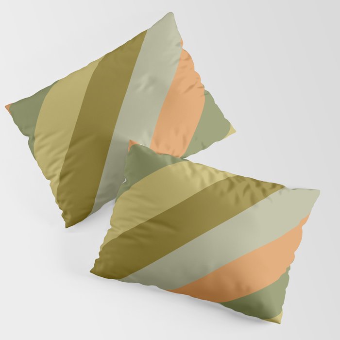 Retro Diagonal Stripes in Vintage Olive Green and Cantaloupe Orange Pillow Sham Gallery Image 3
