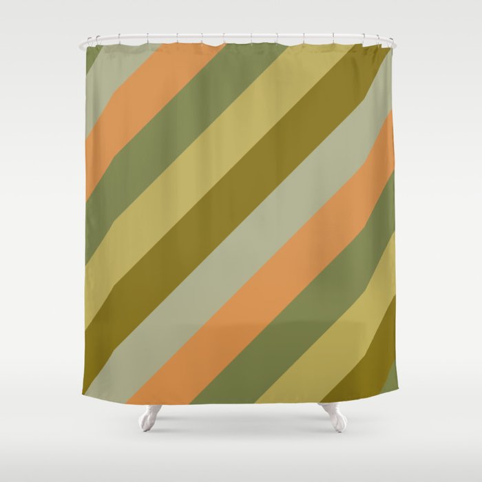 Retro Diagonal Stripes in Vintage Olive Green and Cantaloupe Orange Shower Curtain Gallery Image 1