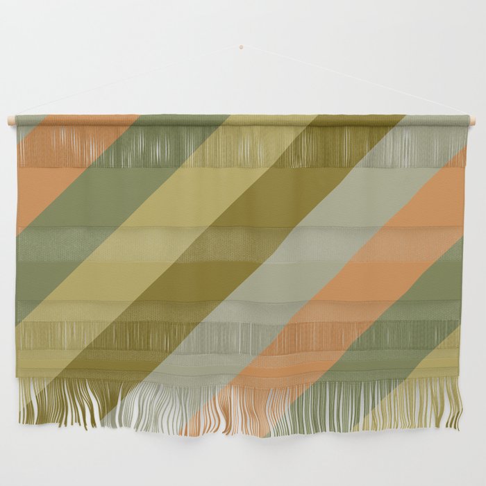 Retro Diagonal Stripes in Vintage Olive Green and Cantaloupe Orange Wall Hanging Gallery Image 1